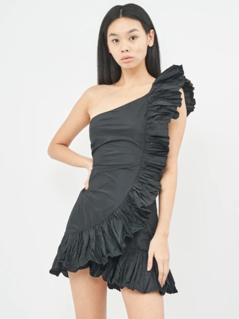 ZARA Black Ruffle One-Shoulder Mini Dress Black Small #A4042